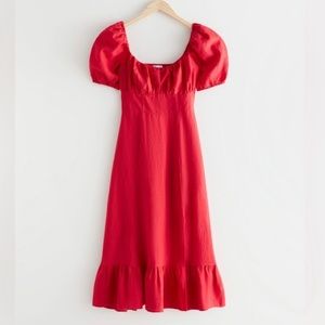 & Other Stories Red Puff Sleeve Linen Midi Dress NWT